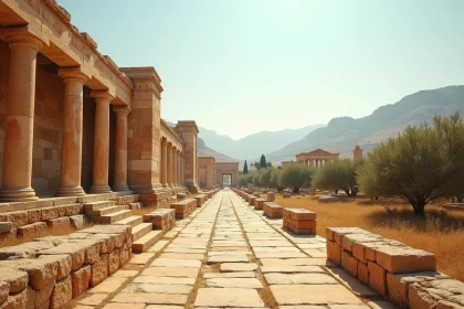 Ruines du palais minoen de Cnossos en Crète avec colonnes de pierre et fresques anciennes entourées d'oliviers sauvages