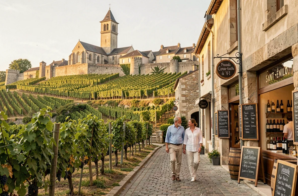 Le village viticole de Saint-Émilion en Gironde avec ses vignes, ses ruelles en calcaire et son clocher monolithique