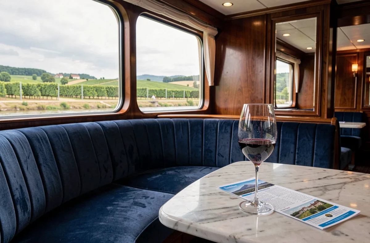 Salon intérieur luxueux d'un bateau de croisière fluviale avec vue sur les vignobles bordelais