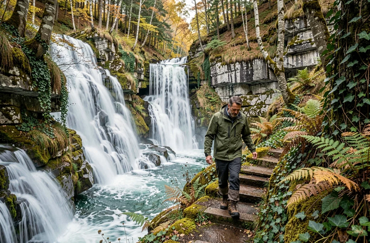 Randonneur sur le sentier de la Cascade du Hérisson dans les gorges du Jura