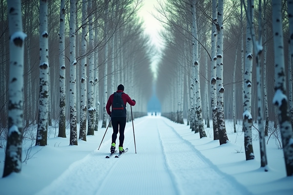 Un skieur de fond traversant une forêt de bouleaux enneigée près de Bergen avec une aurore boréale visible entre les arbres