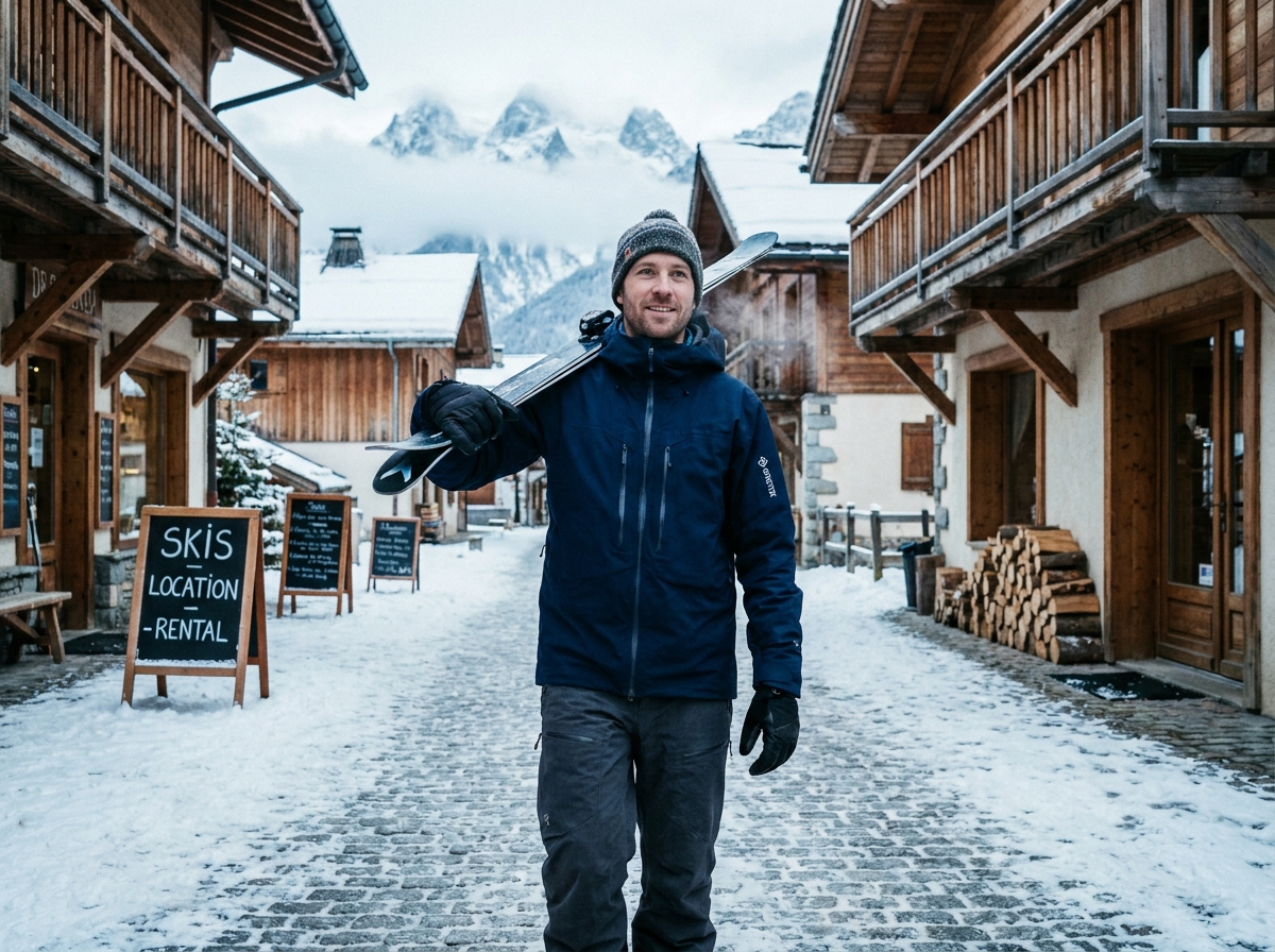 Skieur portant ses skis dans une rue enneigée d'un village de location aux Alpes du Sud