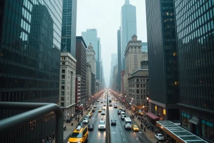 Vue panoramique d'un skyline américain dense avec gratte-ciels et rues animées illustrant les grandes agglomérations des États-Unis