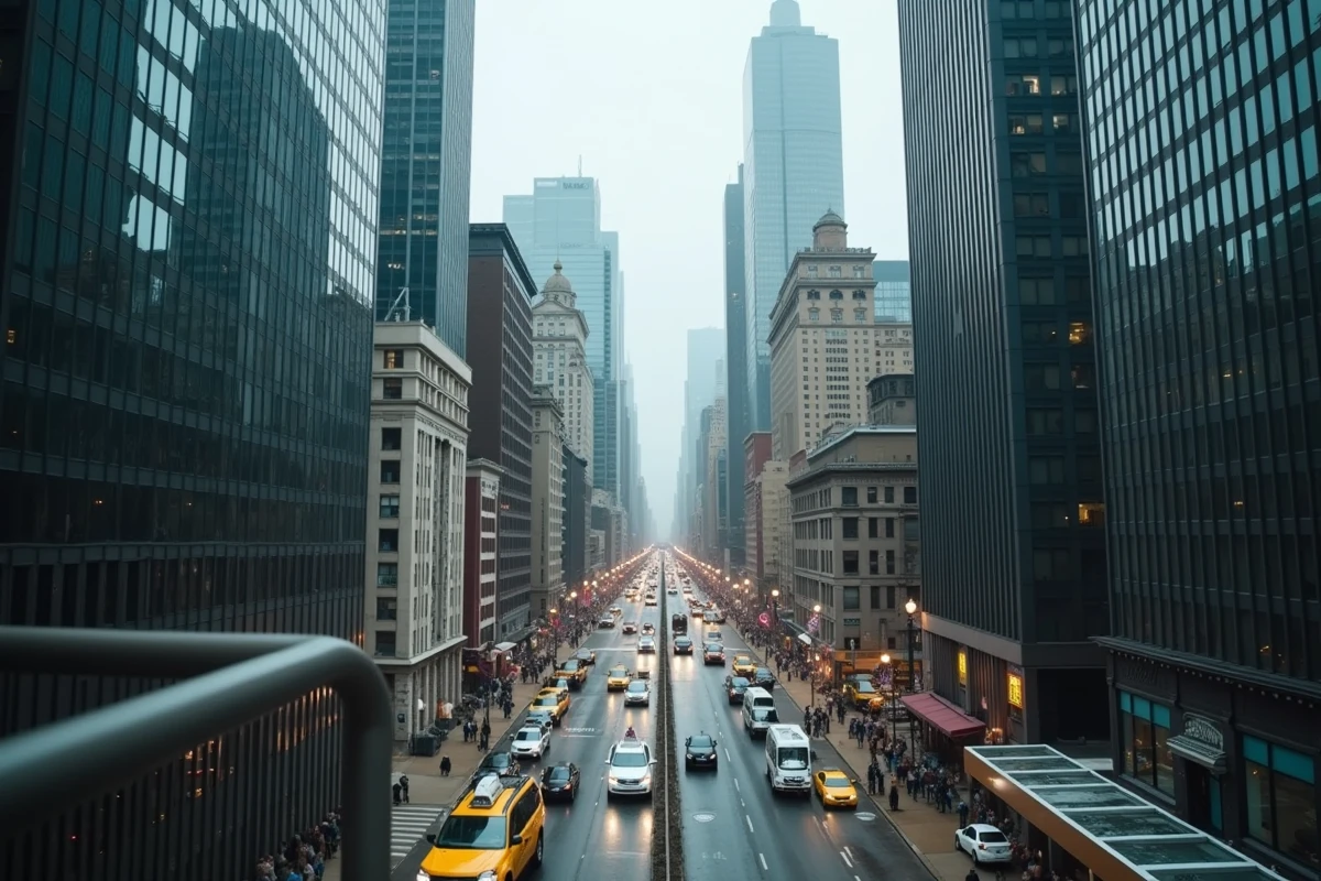 Vue panoramique d'un skyline américain dense avec gratte-ciels et rues animées illustrant les grandes agglomérations des États-Unis