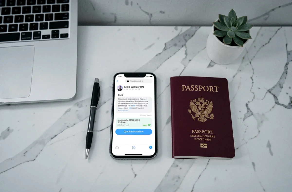 SMS de notification de retrait de passeport affiché sur smartphone posé à côté d'un passeport français