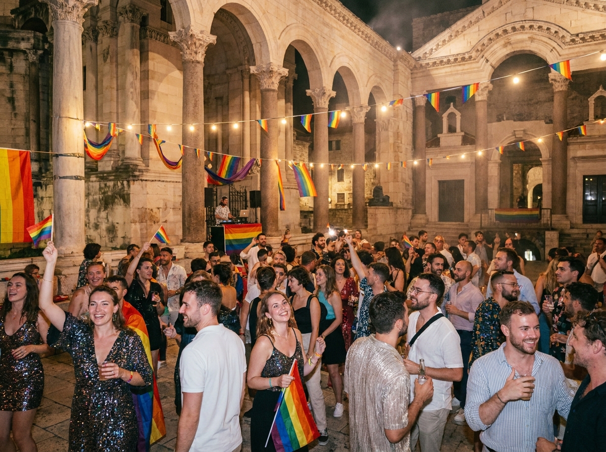 Foule festive LGBTQ+ dansant lors d'une soirée en plein air sous des arches historiques à Rome