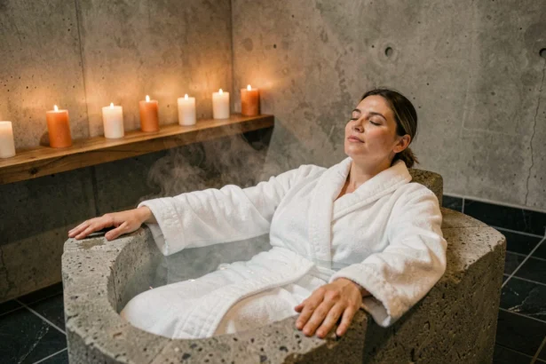 Femme en robe de spa se relaxant dans un bain à remous dans un spa d'hôtel élégant au centre de Dijon
