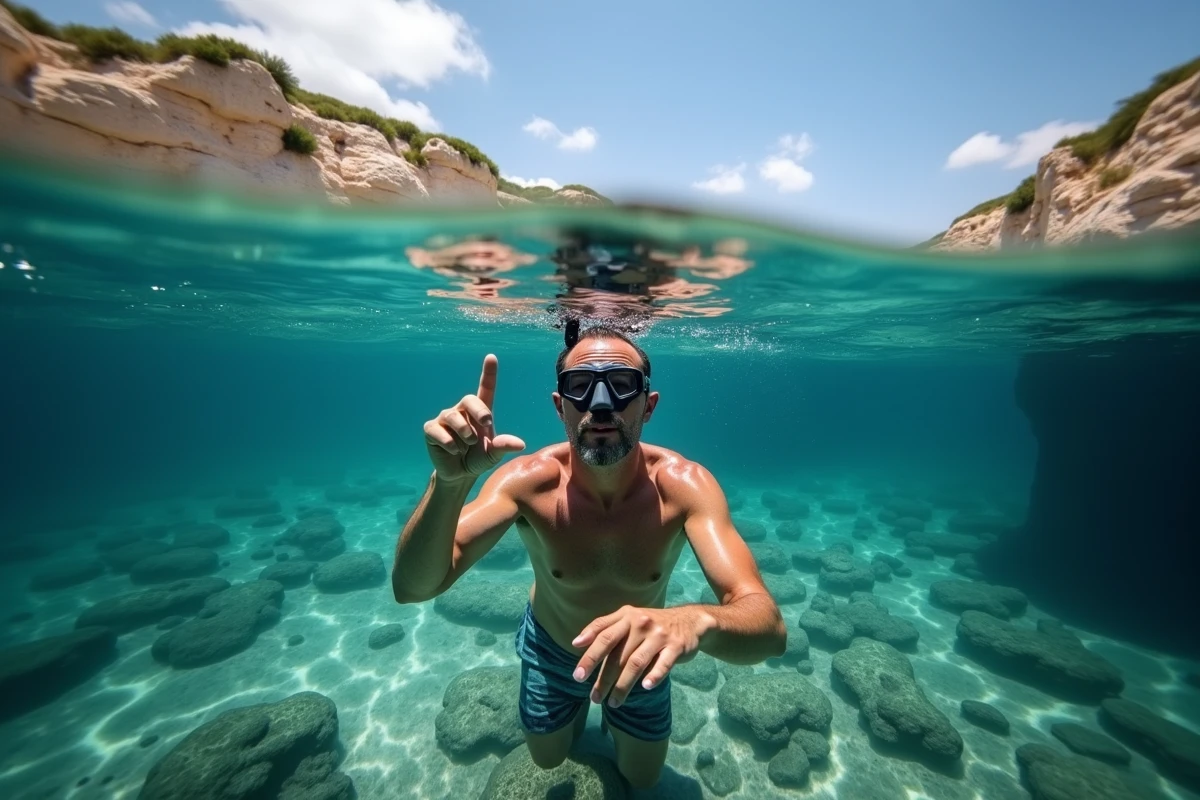 Vue en split-shot d'un nageur local en apnée dans les eaux cristallines d'un spot de baignade de Monopoli avec fond rocheux et posidonies
