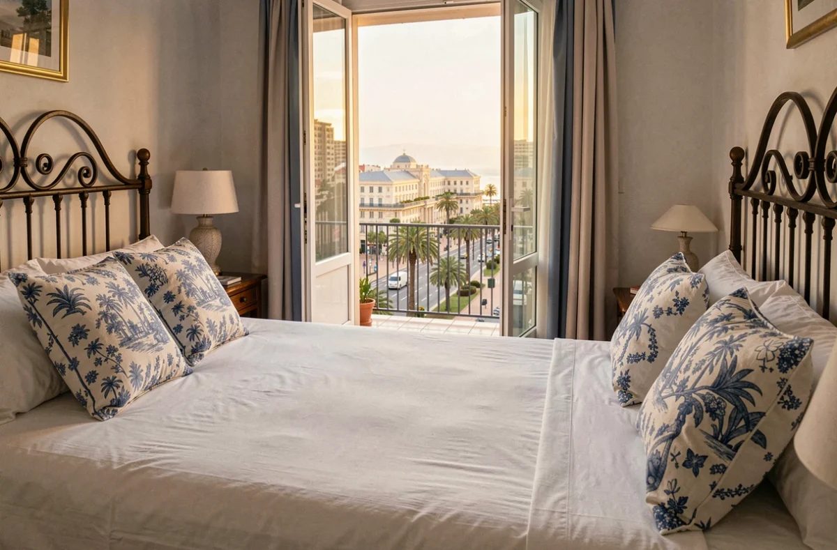 Chambre élégante des Staybridge Suites Cannes Centre avec balcon donnant sur la Croisette