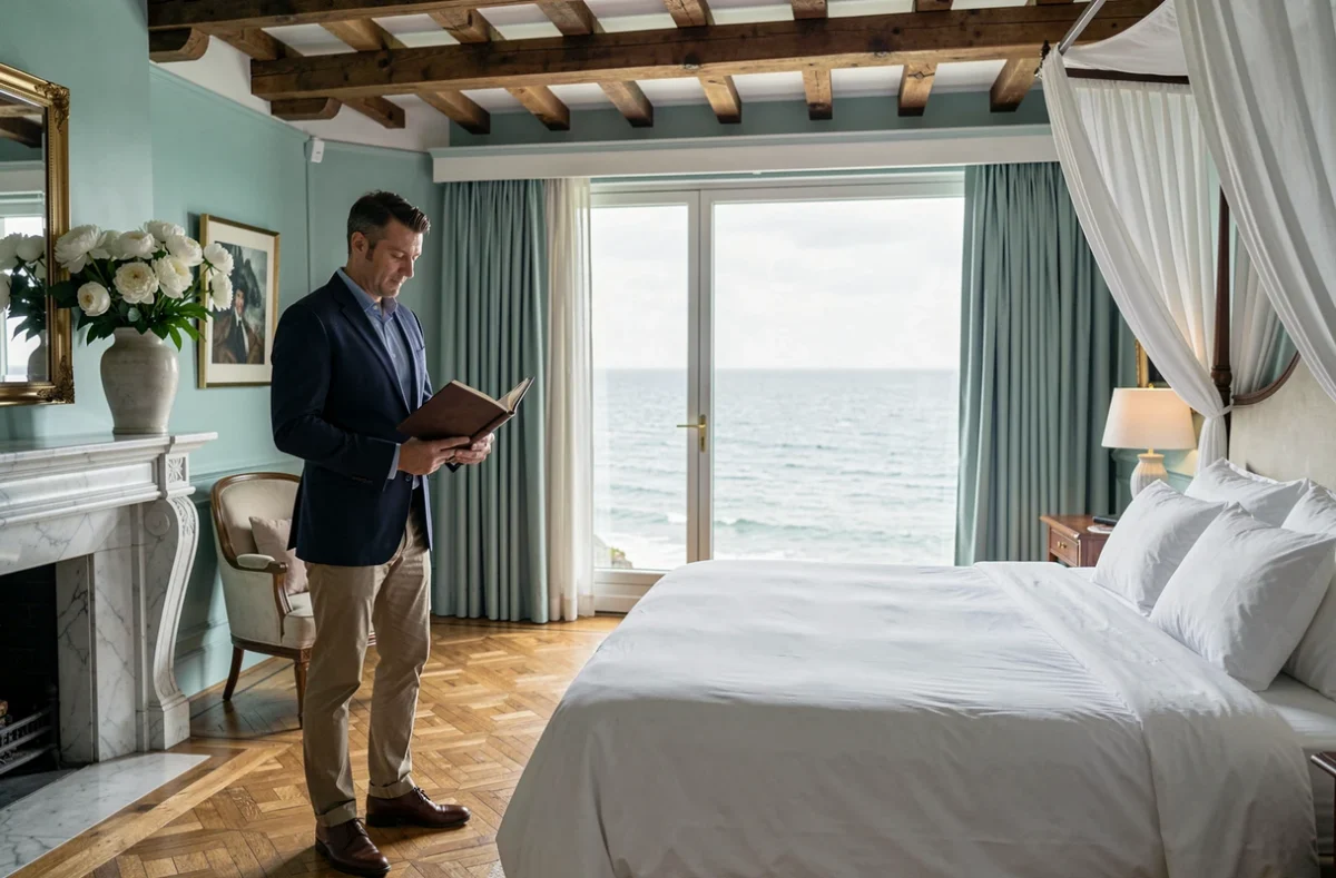Suite hôtelière de luxe au Pays Basque français avec vue sur l'Atlantique et décoration raffinée en bois et marbre