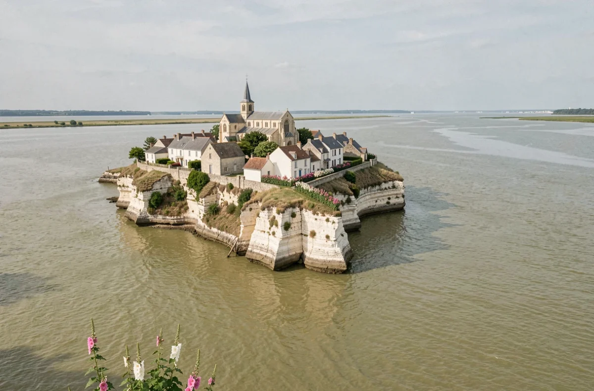 Le village de Talmont-sur-Gironde sur sa presqu'île calcaire avec l'église Sainte-Radegonde dominant l'estuaire
