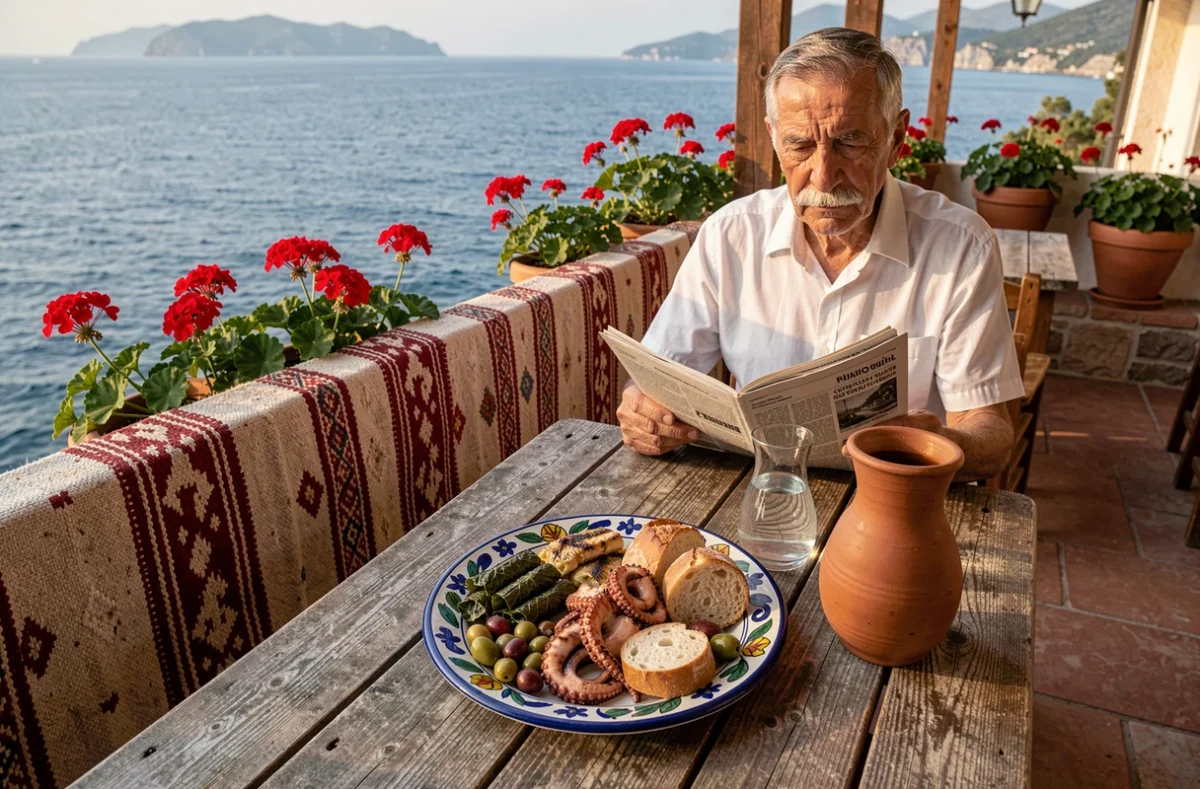 Terrasse de taverne grecque à Karpathos avec mezze traditionnels, tissu artisanal et vue sur la mer Égée