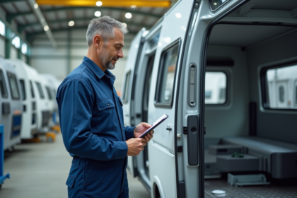 Technicien en overalls bleus inspectant une caravane en fabrication