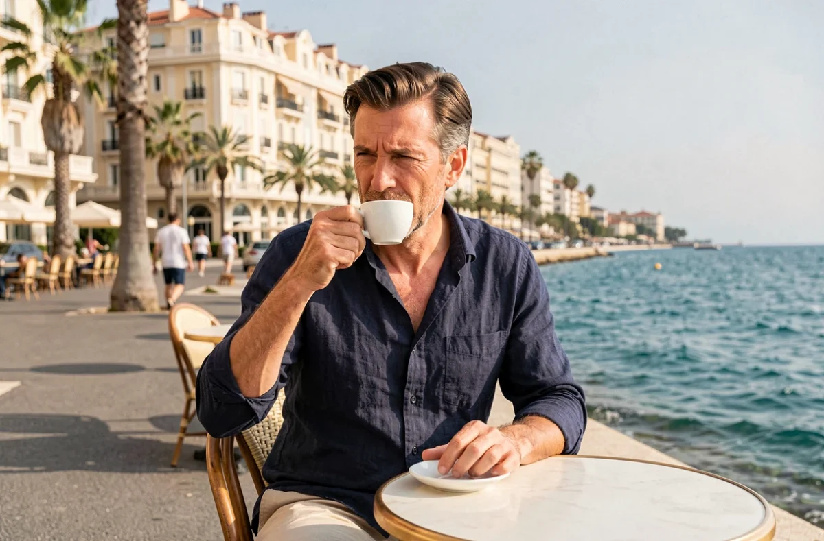 Homme savourant un espresso en terrasse de café sur la Croisette à Cannes avec vue sur la mer Méditerranée et les palmiers