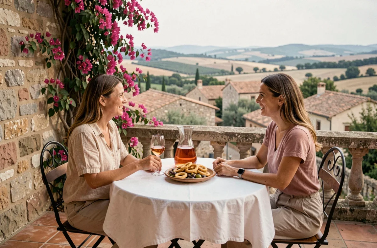 Deux femmes attablées en terrasse dans un village des Pouilles ou de Basilicate, partageant un verre de rosé local avec vue sur les toits en terre cuite et la campagne italienne