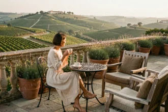 Femme élégante profitant d'une terrasse d'hôtel de luxe en Nouvelle-Aquitaine avec vue sur les vignobles bordelais