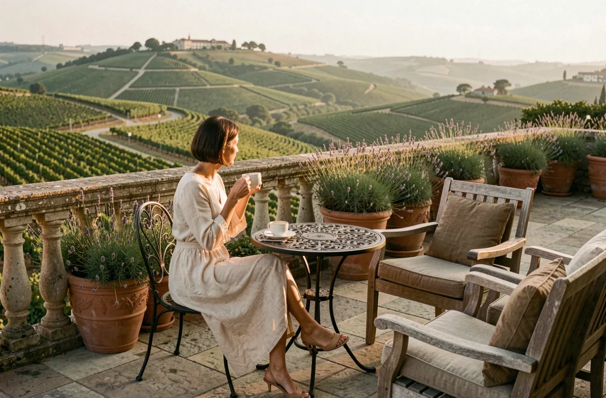 Femme élégante profitant d'une terrasse d'hôtel de luxe en Nouvelle-Aquitaine avec vue sur les vignobles bordelais