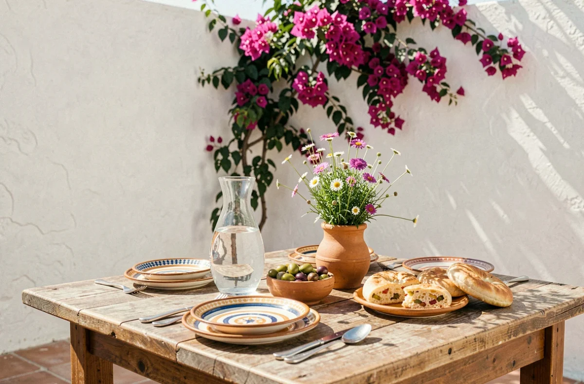 Table de déjeuner dressée sur la terrasse d'une masseria des Pouilles avec de la céramique locale, focaccia et fleurs sauvages