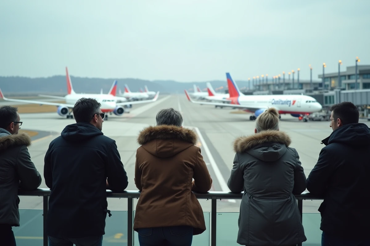 Touristes observant le trafic aérien depuis une terrasse d'aéroport en France