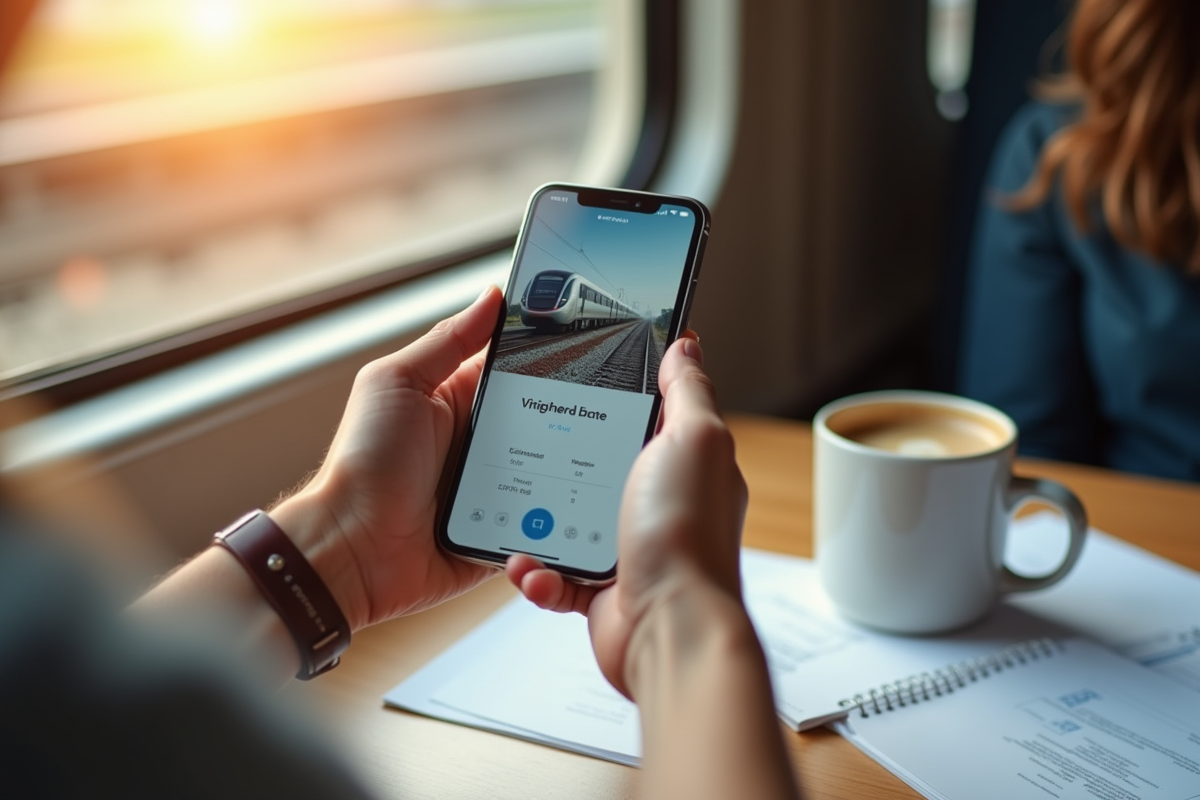 Mains tenant un smartphone avec billet train digital
