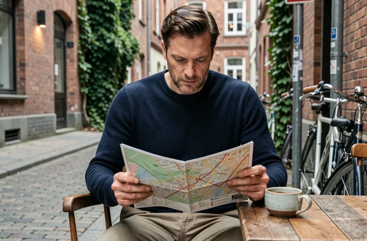 Touriste consultant une carte de Berlin en terrasse de café dans le quartier de Mitte près de l'Île des Musées
