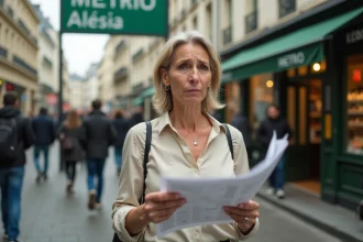 Touriste perdue devant la station de métro Alésia à Paris, tenant une carte papier froissée dans la rue
