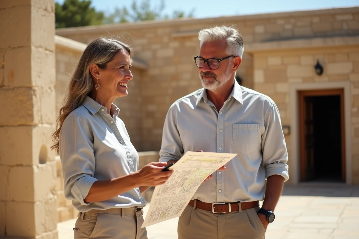 Couple de touristes consultant leur plan avant d'entrer à l'Hypogée de Saflieni à Paola, Malte, site classé au patrimoine mondial de l'UNESCO
