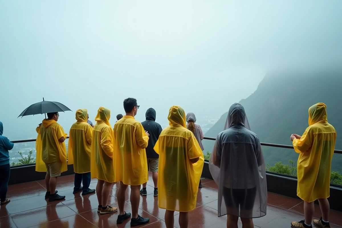 Touristes en poncho sous la pluie sur la plateforme du Corcovado avec vue brouillée par le brouillard
