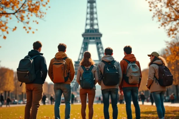 Groupe de touristes internationaux admirant la Tour Eiffel à Paris en automne, illustrant le tourisme mondial et les destinations les plus visitées