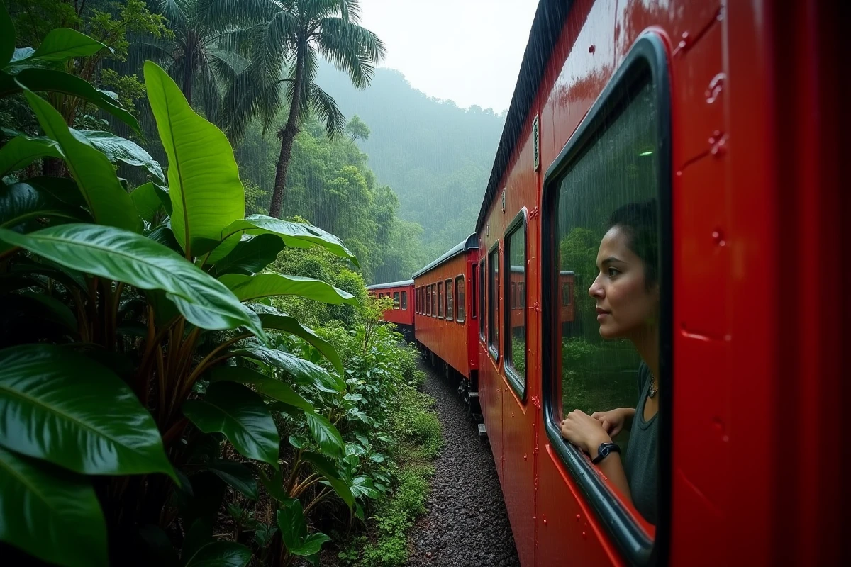 Train à crémaillère rouge du Corcovado traversant la forêt tropicale sous la pluie à Rio de Janeiro