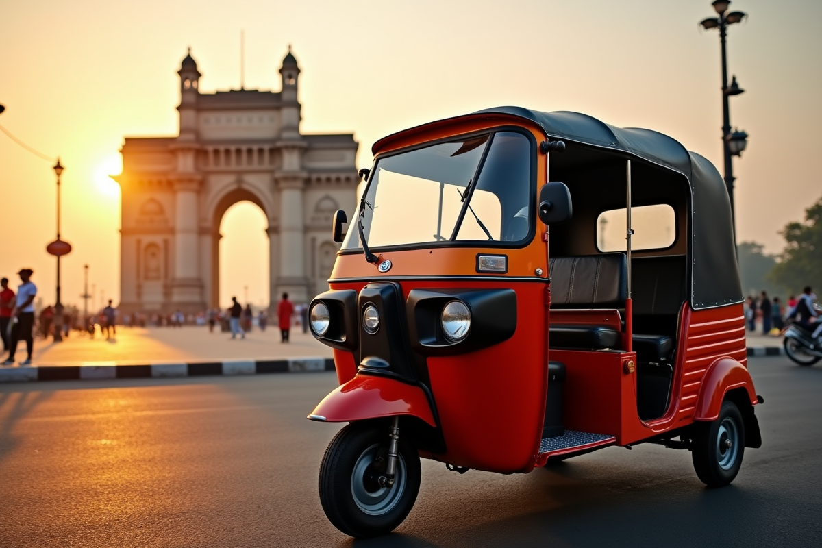 Tuk tuk devant le Gateway de Mumbai au lever du soleil