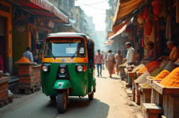 Tuk tuk jaune et vert dans un marché indien coloré