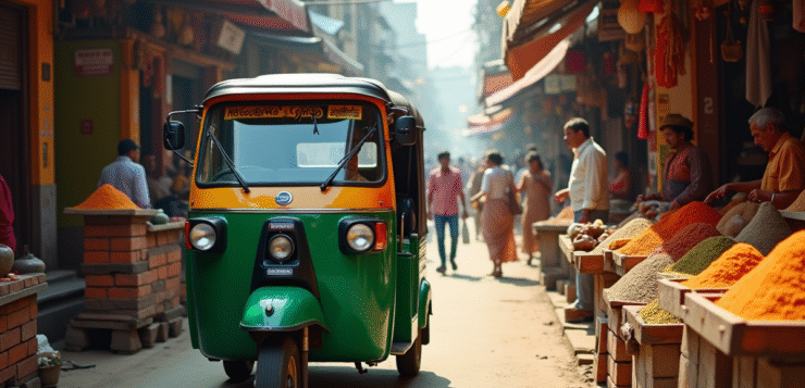 Tuk tuk jaune et vert dans un marché indien coloré