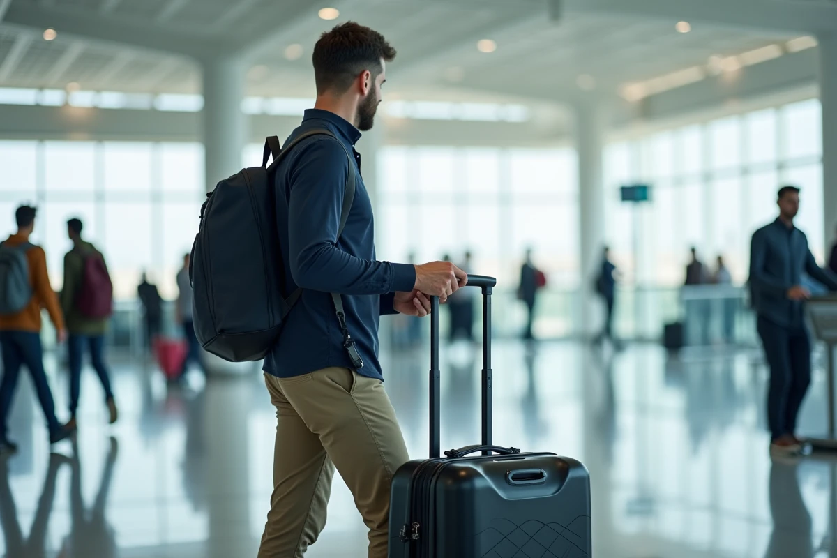 Homme plaçant une valise cabine noire dans un compartiment à bagages d'avion dans un aéroport moderne