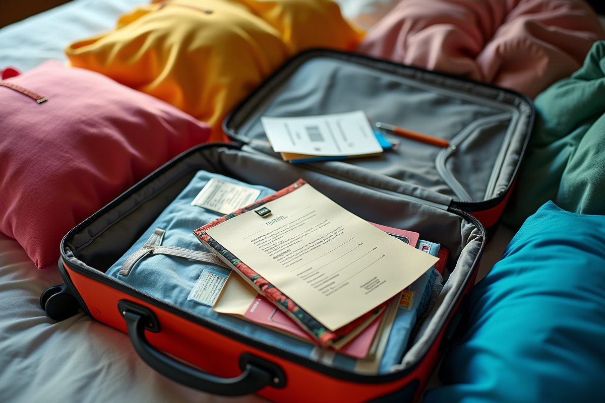 Valise ouverte sur lit avec documents et vêtements colorés