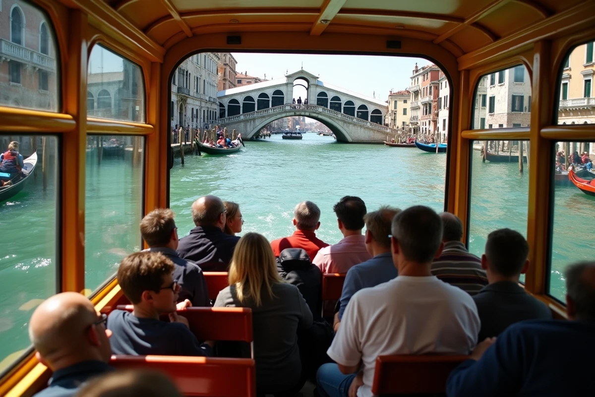 Vaporetto bondé traversant le Grand Canal de Venise avec le pont du Rialto en arrière-plan