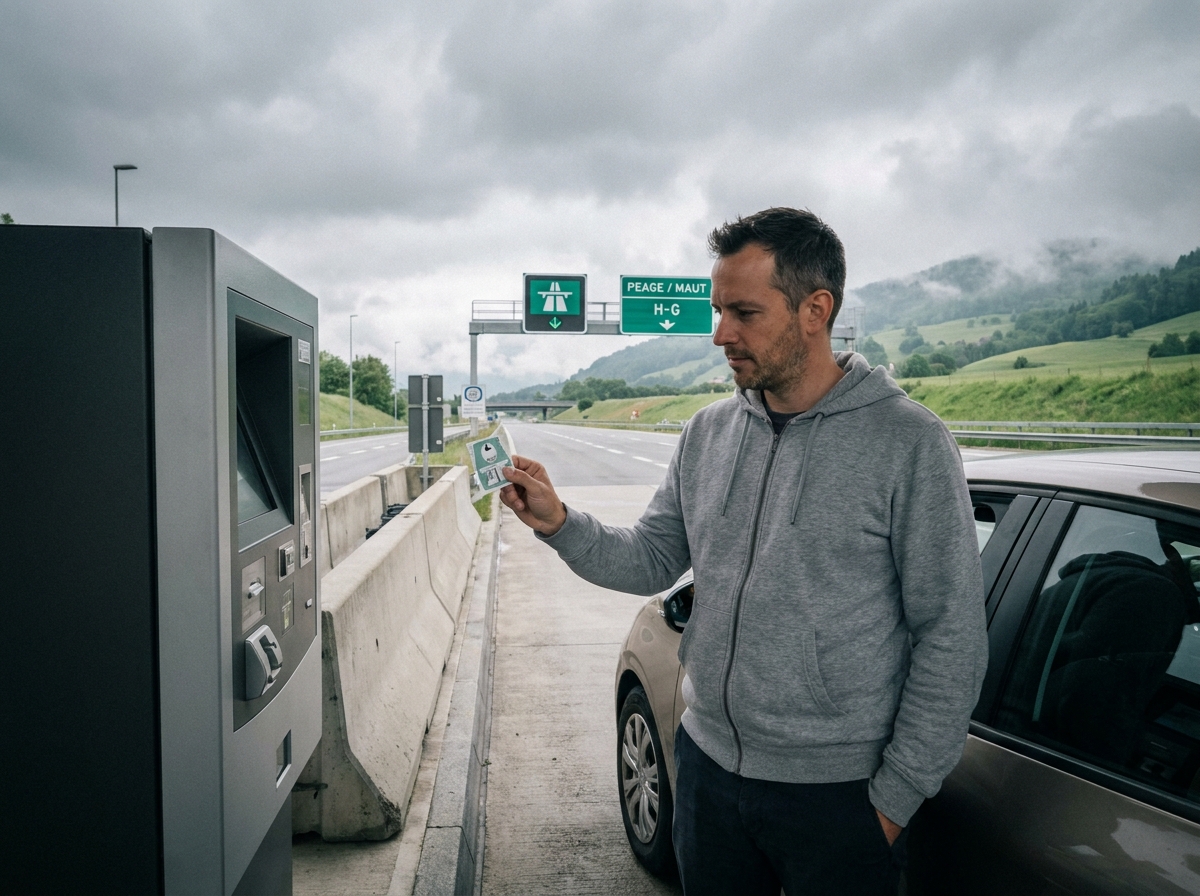 Homme tenant une vignette suisse devant un kiosque d'autoroute en Suisse avec signalisation routière européenne