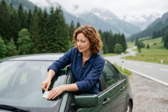 Femme collant une vignette autoroutière sur le pare-brise d'une voiture en Autriche avec paysage alpin en arrière-plan