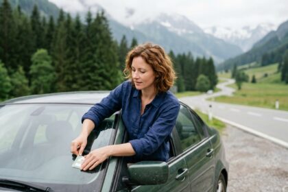 Femme collant une vignette autoroutière sur le pare-brise d'une voiture en Autriche avec paysage alpin en arrière-plan