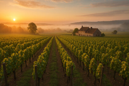 Vignoble de Bourgogne au lever du soleil avec ferme ancienne