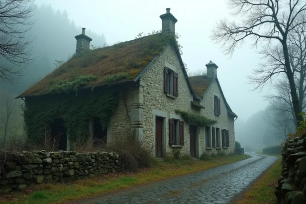 Vieille ferme en pierre abandonnée envahie par le lierre dans un village désert en Auvergne, atmosphère brumeuse et mystérieuse