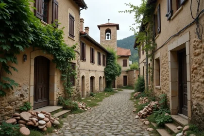 Rue d'un village français abandonné avec des façades en ruine, des volets brisés et des pierres envahies par le lierre