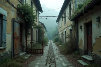 Rue abandonnée d'un village fantôme français envahi par la végétation et le brouillard