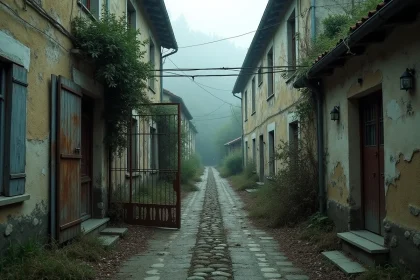 Rue abandonnée d'un village fantôme français envahi par la végétation et le brouillard