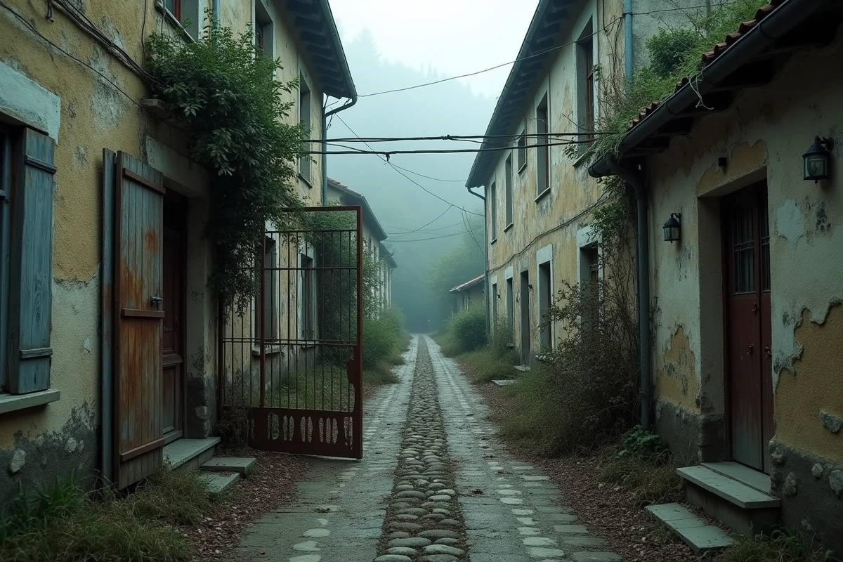 Rue abandonnée d'un village fantôme français envahi par la végétation et le brouillard