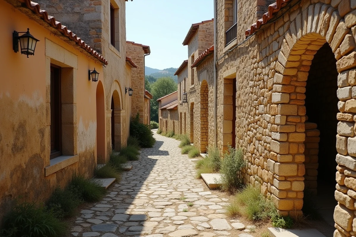 Ruelle médiévale en pierres d'un village fantôme abandonné dans le sud de la France avec maisons en ruines et végétation envahissante