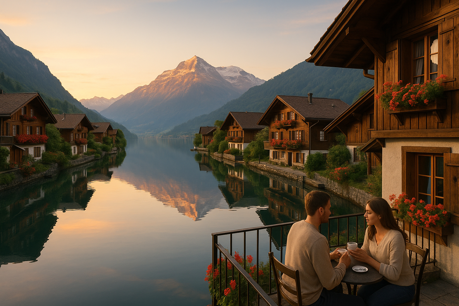 Village suisse au bord du lac au lever du soleil
