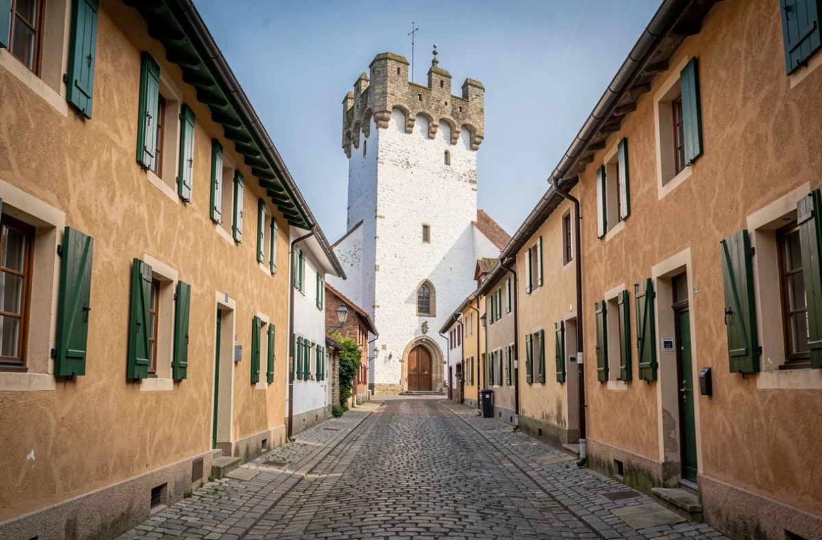 Rue pavée d'un village saxon de Transylvanie avec le clocher d'une église fortifiée visible au bout de la ruelle