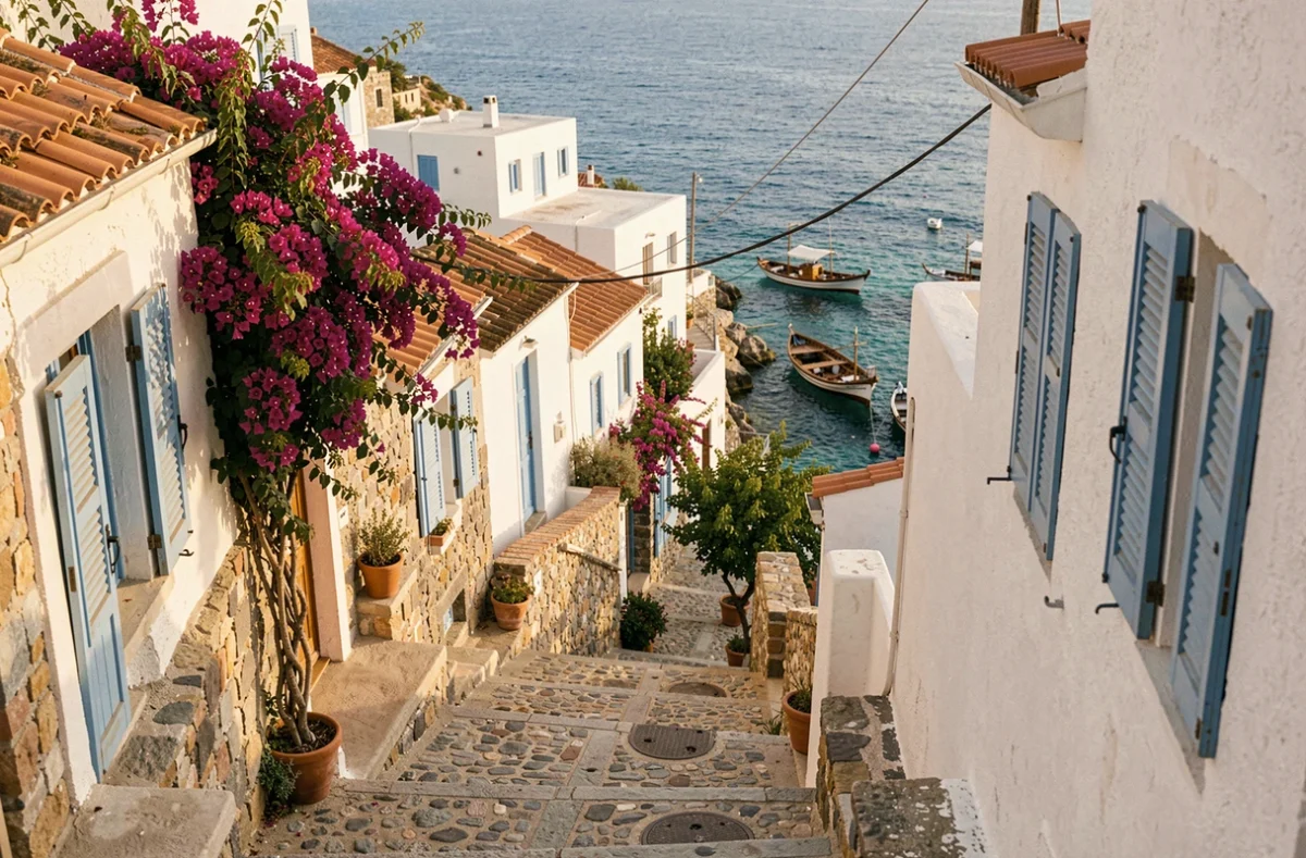 Village traditionnel de Karpathos avec maisons blanches et ruelles pavées surplombant une crique turquoise de la mer Égée
