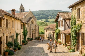 Vue d'ensemble d'un village médiéval typique de Nouvelle-Aquitaine avec ses ruelles pavées, ses toits en tuiles et ses murs en pierre dorée